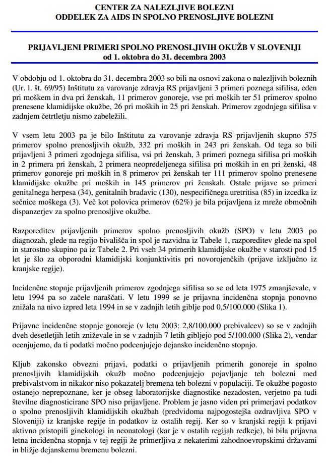 Letno poročilo o spolno prenosljivih okužbah za leto 2003
