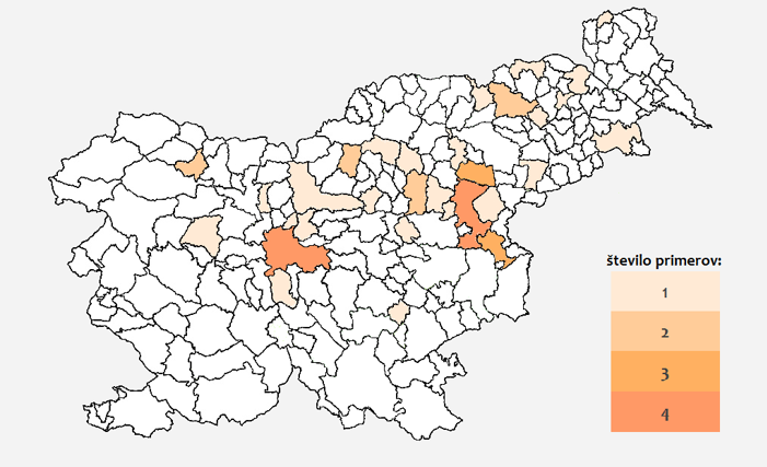 Slika 2: Število prijavljenih primerov leptospiroze pri ljudeh po občinah, Slovenija, 2019