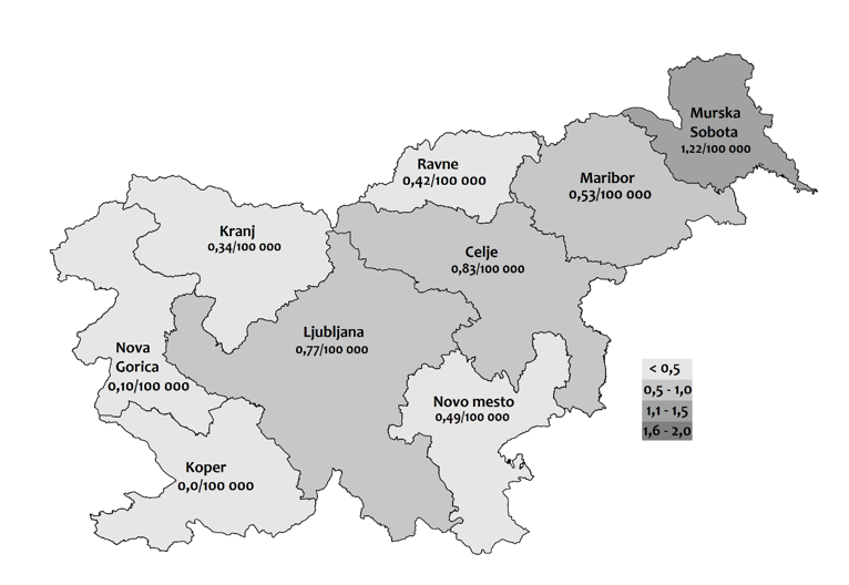 Slika 2: Število prijavljenih primerov leptospiroze pri ljudeh po občinah, Slovenija, 2019